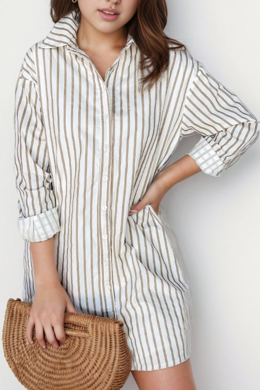 Striped Long Sleeve Mini Shirt Dress - Classique Collection