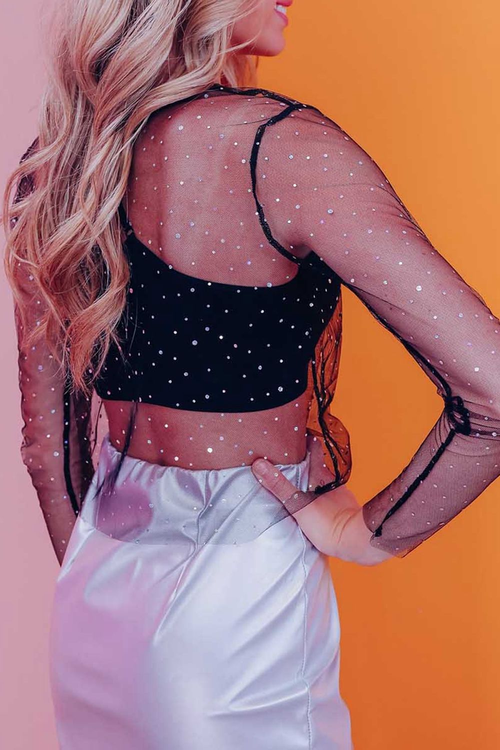 Rhinestone Mesh Round Neck Long Sleeve Blouse - Classique Collection