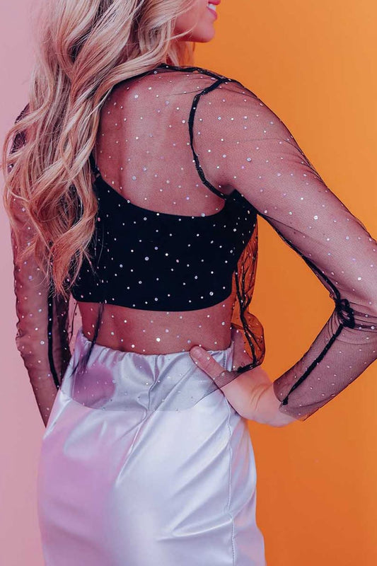 Rhinestone Mesh Round Neck Long Sleeve Blouse - Classique Collection