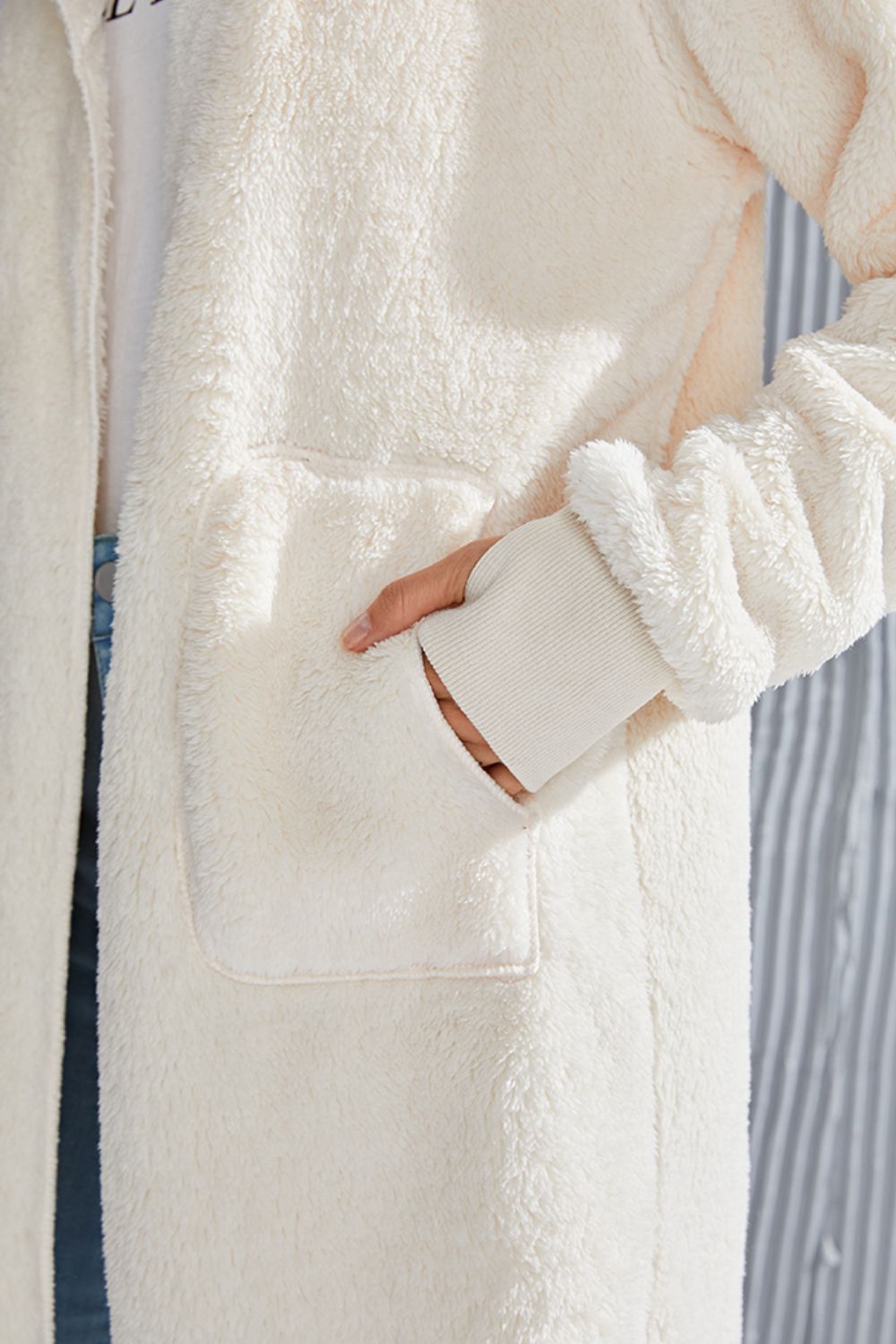 Double Take Full Size Hooded Teddy Bear Jacket with Thumbholes - ClassiQ