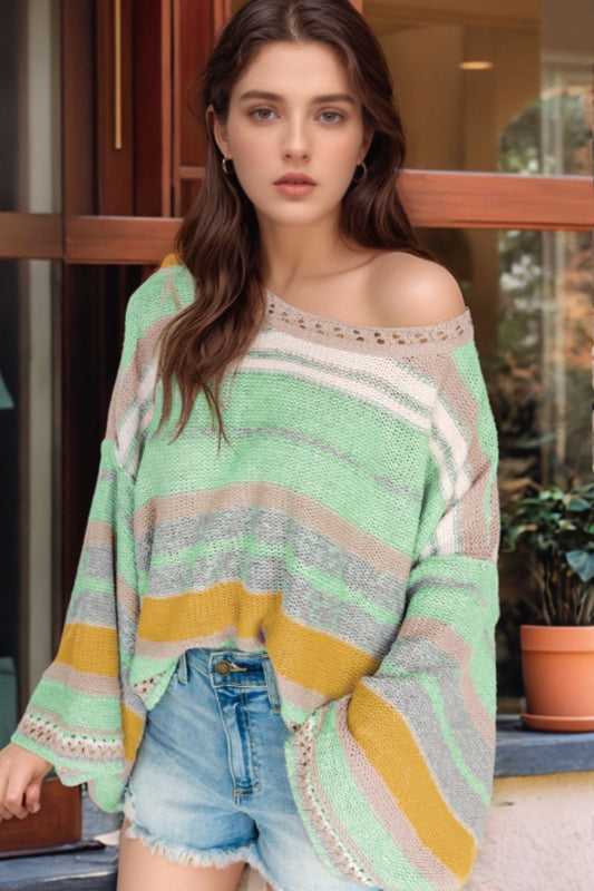 Contrast Striped Boat Neck Dropped Shoulder Sweater - ClassiQ