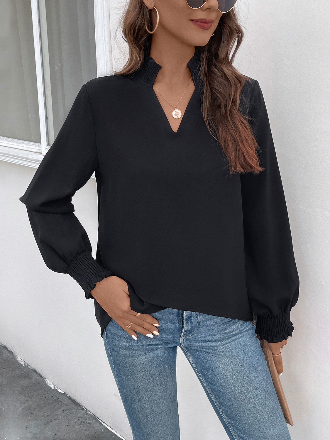 Perfee Smocked Notched Long Sleeve Blouse - ClassiQ
