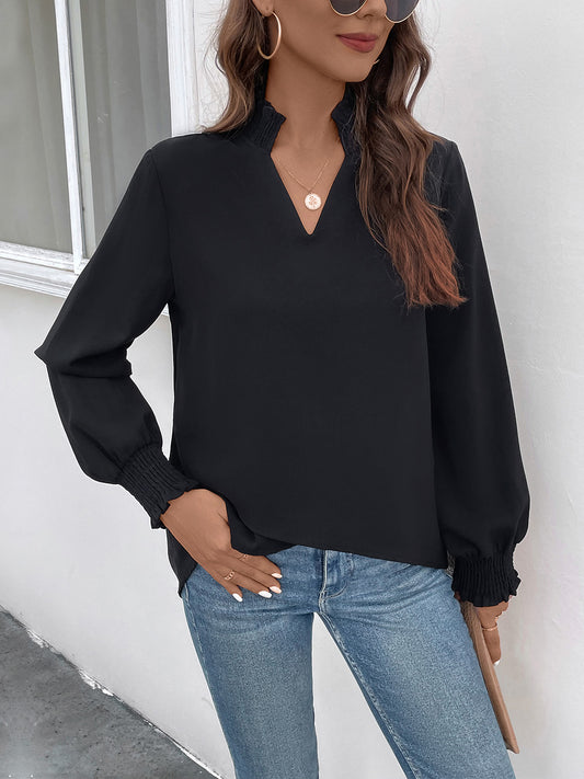 Perfee Smocked Notched Long Sleeve Blouse - ClassiQ