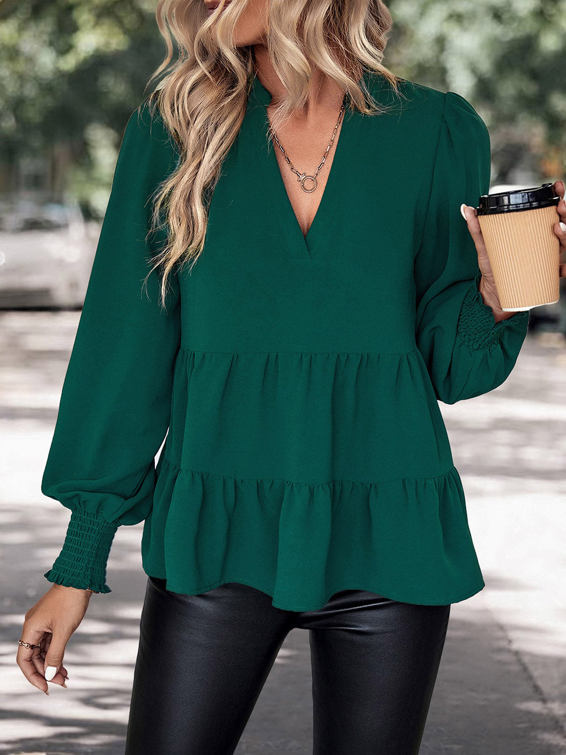 Perfee Notched Neck Lantern Sleeve Blouse - Classique Collection