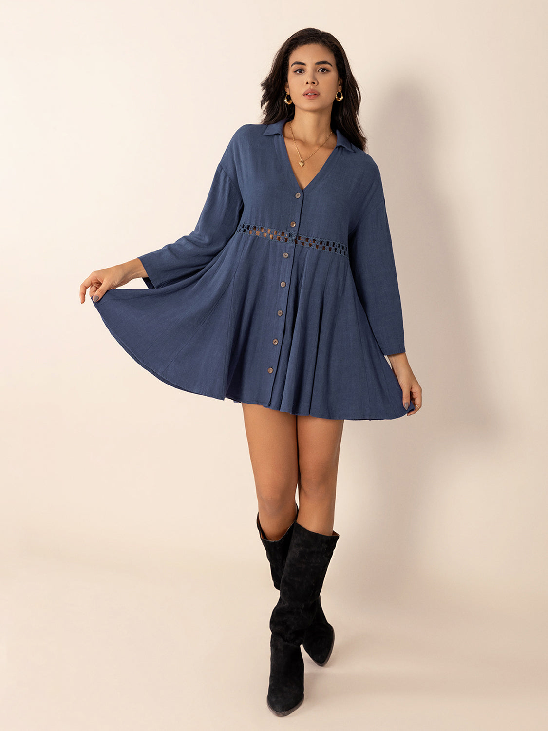 Cutout Johnny Collar Long Sleeve Mini Dress - Classique Collection