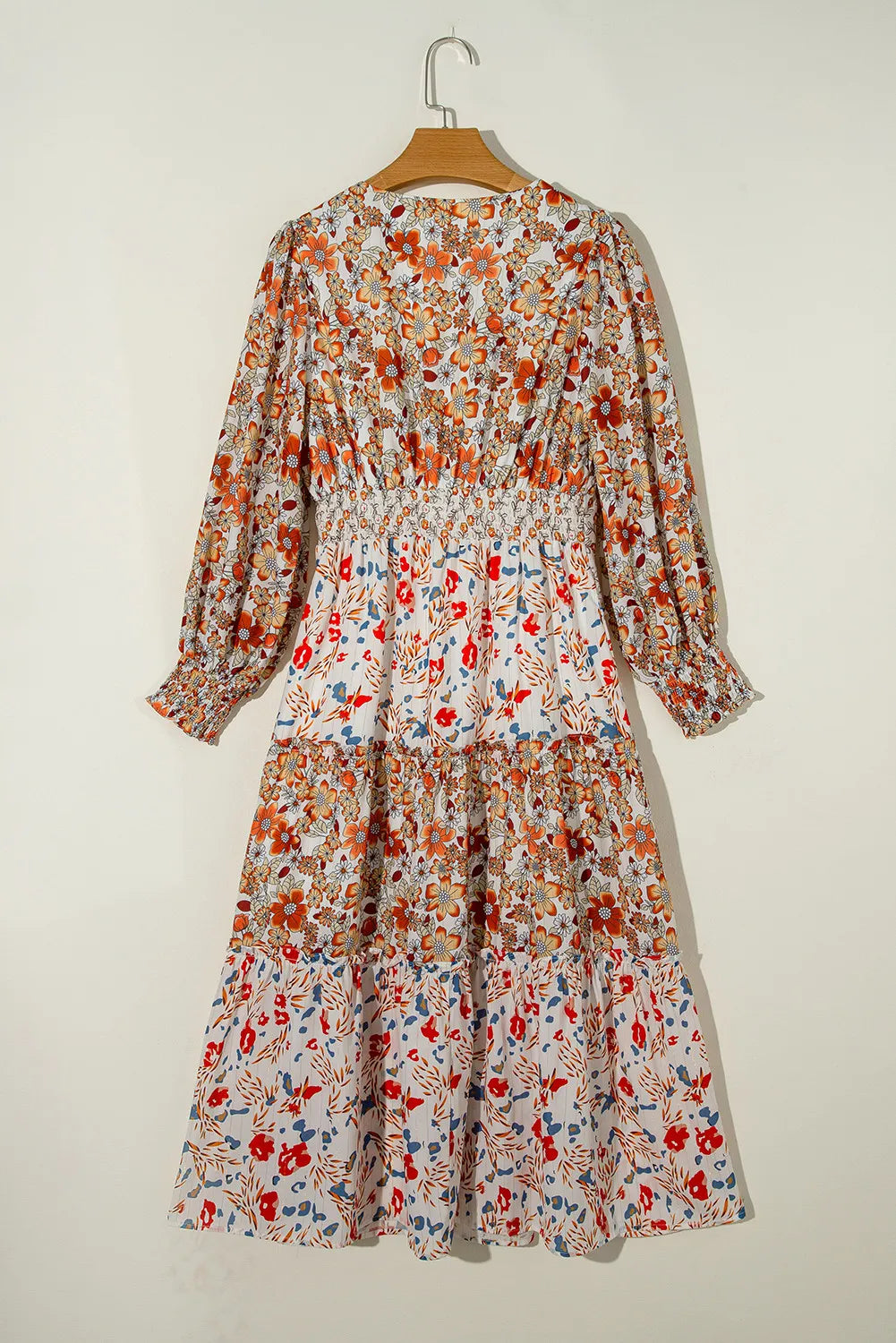 Full Size Printed V-Neck Lantern Sleeve Midi Dress - Classique Collection