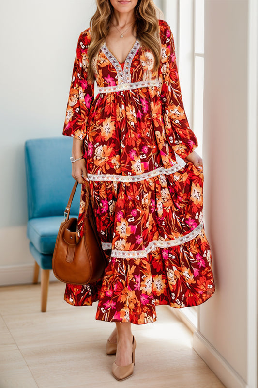 Printed V-Neck Long Sleeve Midi Dress - Classique Collection