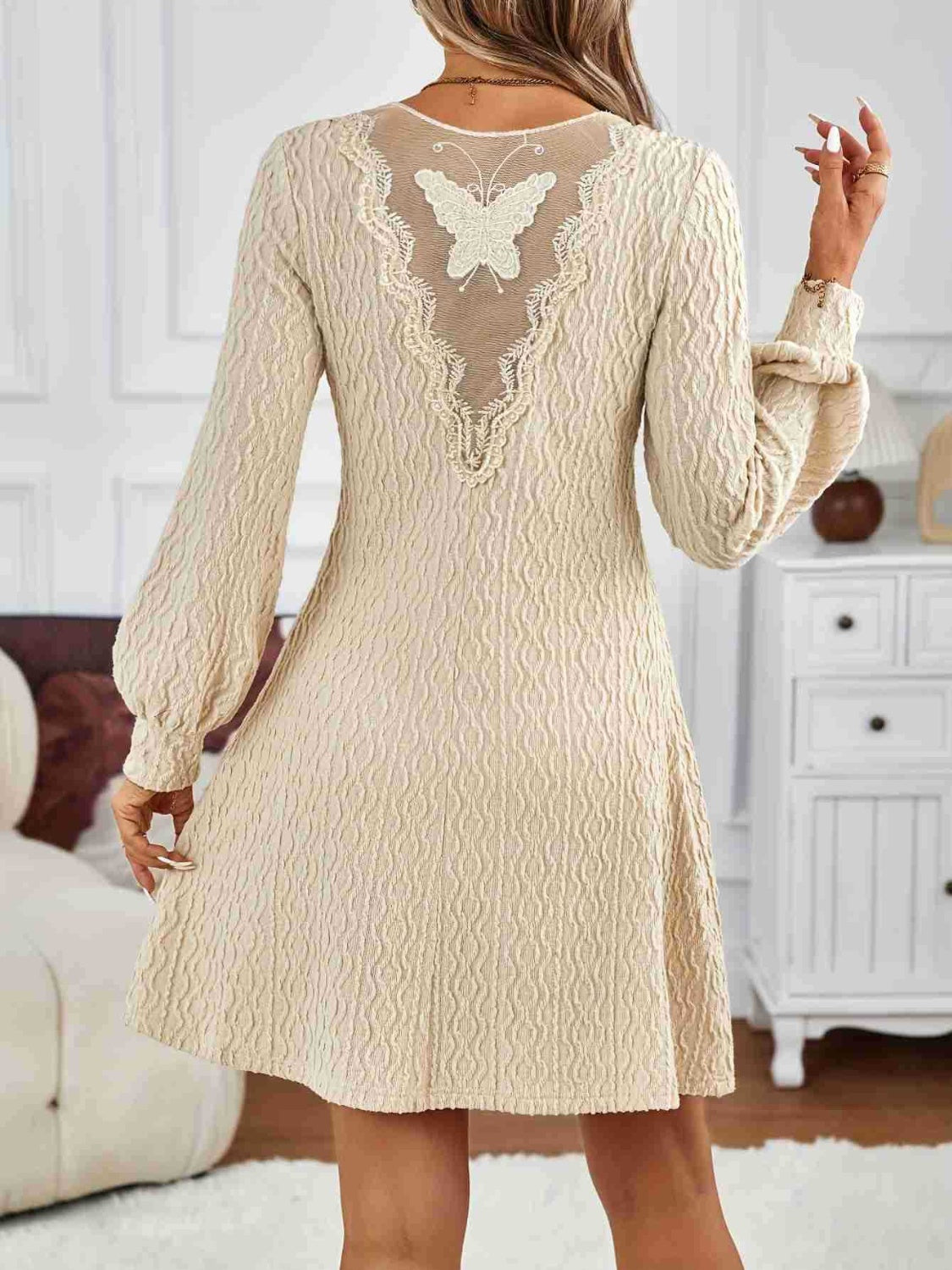 Lace Detail V-Neck Long Sleeve Dress - Classique Collection