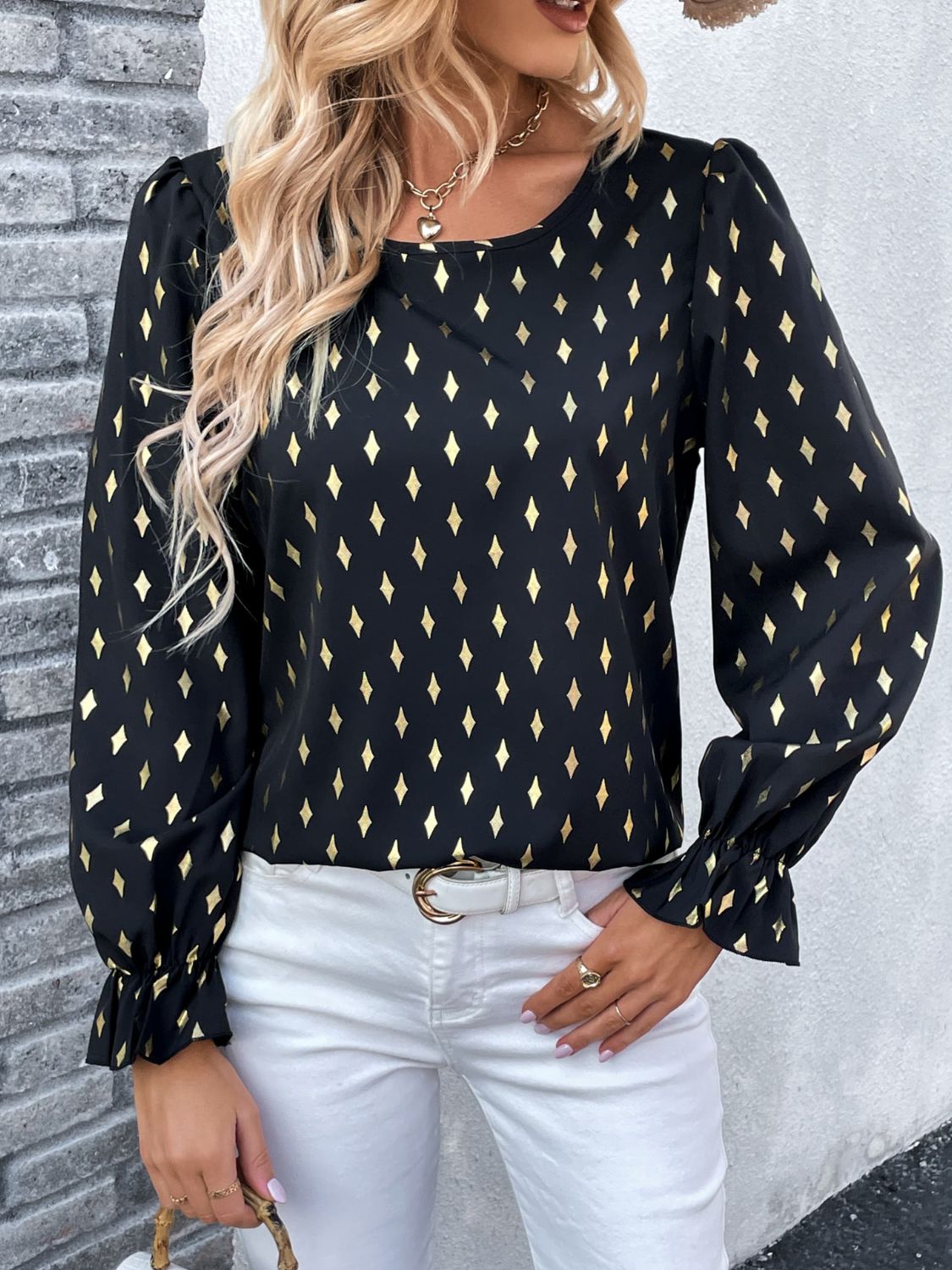 Perfee Printed Round Neck Flounce Sleeve Blouse - Classique Collection