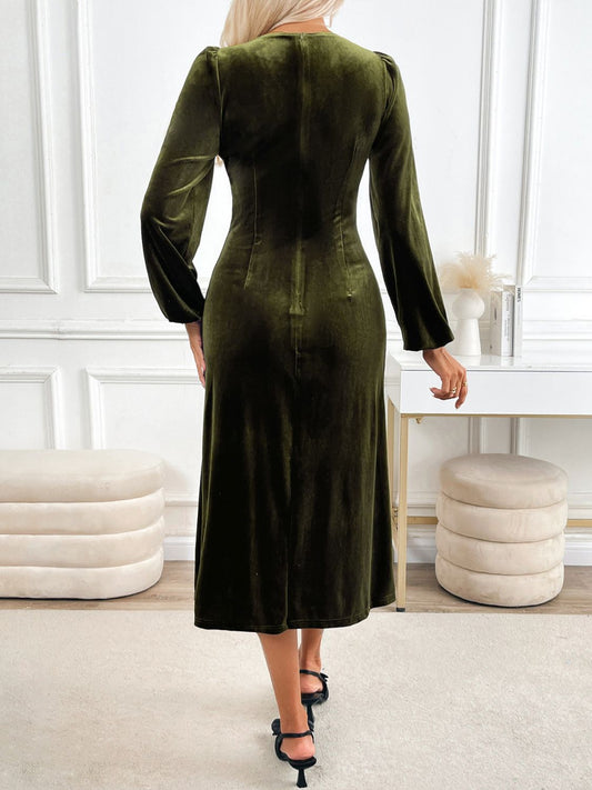 Perfee Slit V-Neck Long Sleeve Midi Dress - Classique Collection