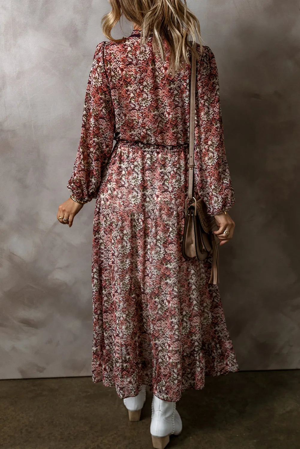 Frill Printed V-Neck Long Sleeve Midi Dress - Classique Collection