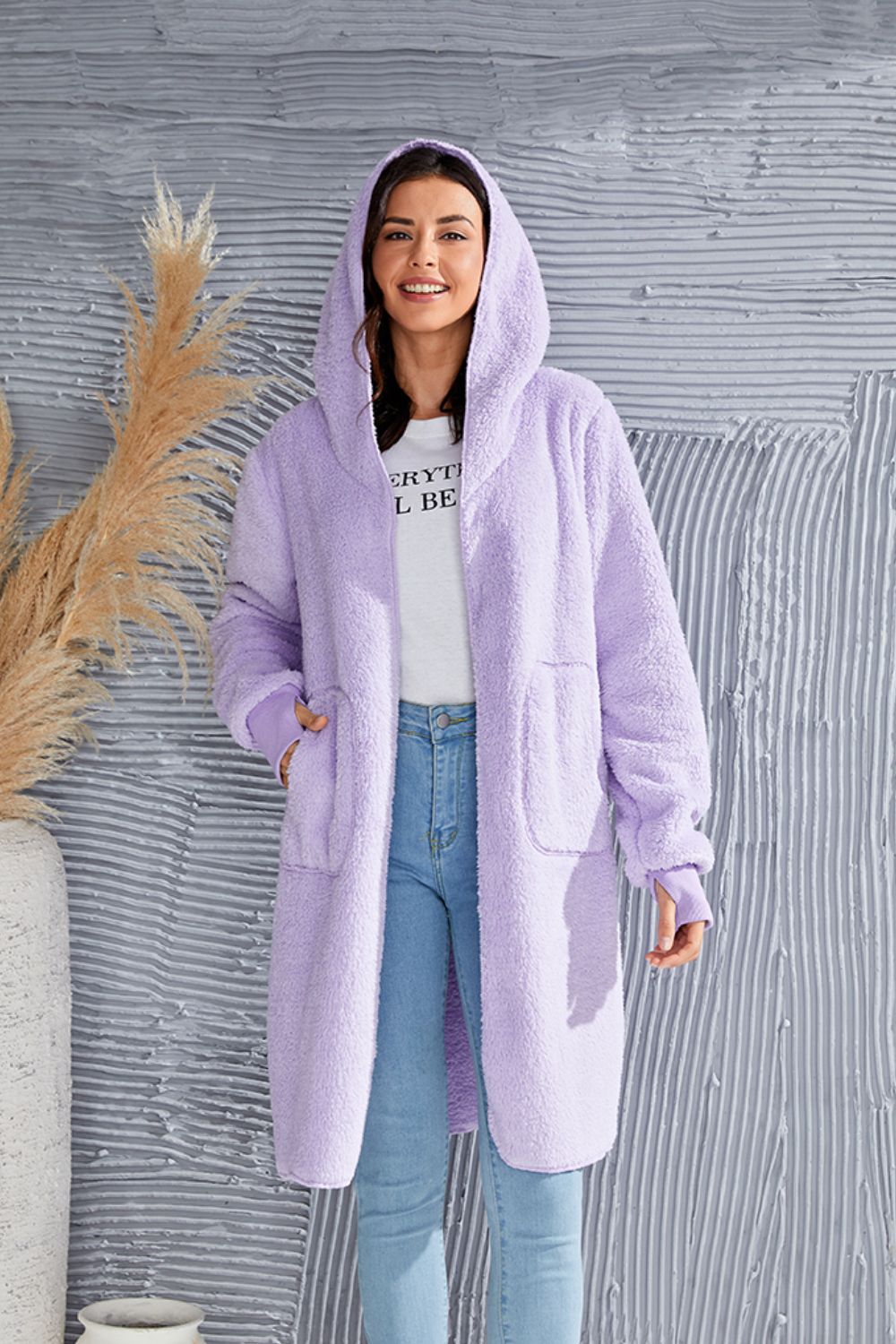 Double Take Full Size Hooded Teddy Bear Jacket with Thumbholes - ClassiQ