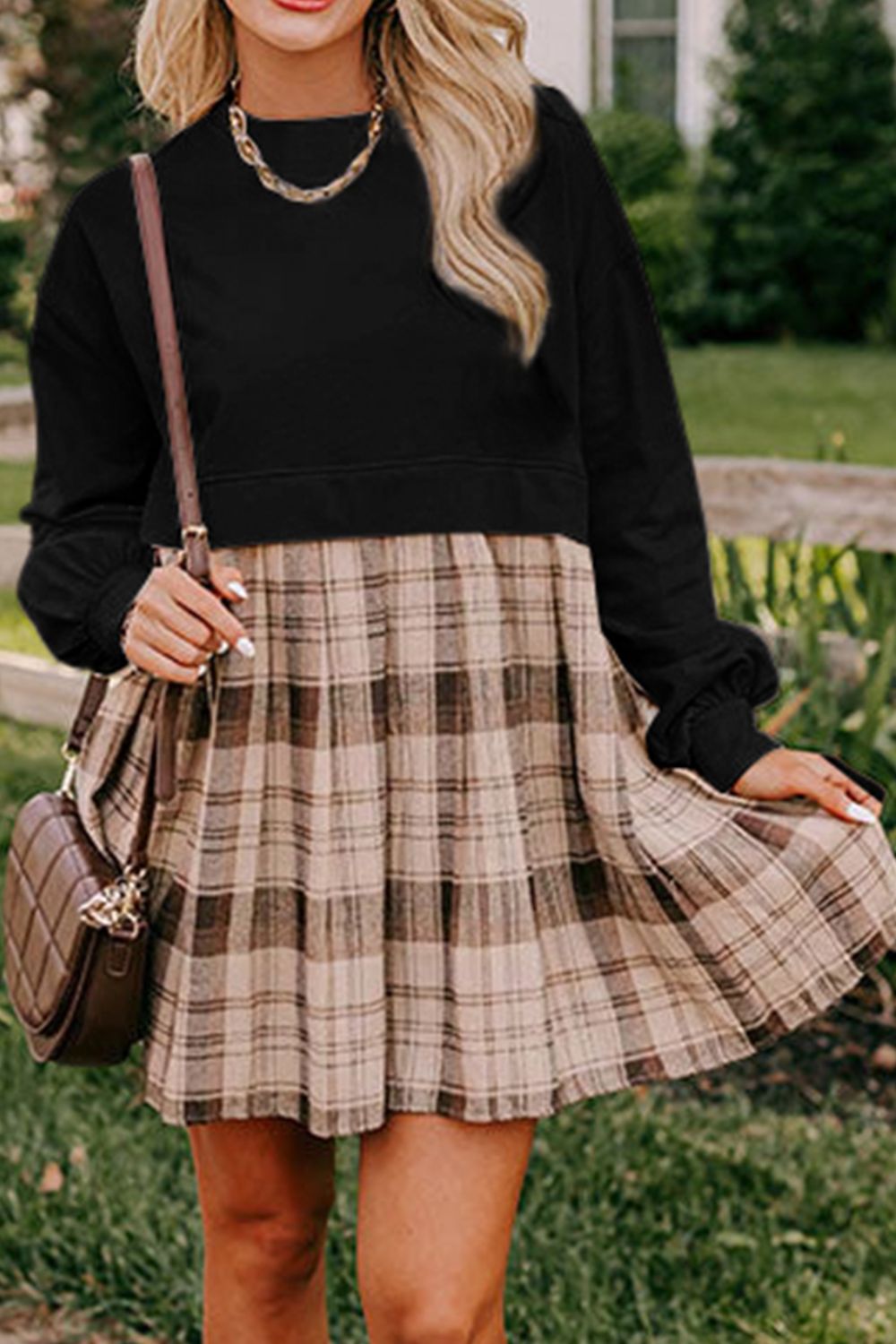 Plaid Round Neck Long Sleeve Mini Dress - Classique Collection