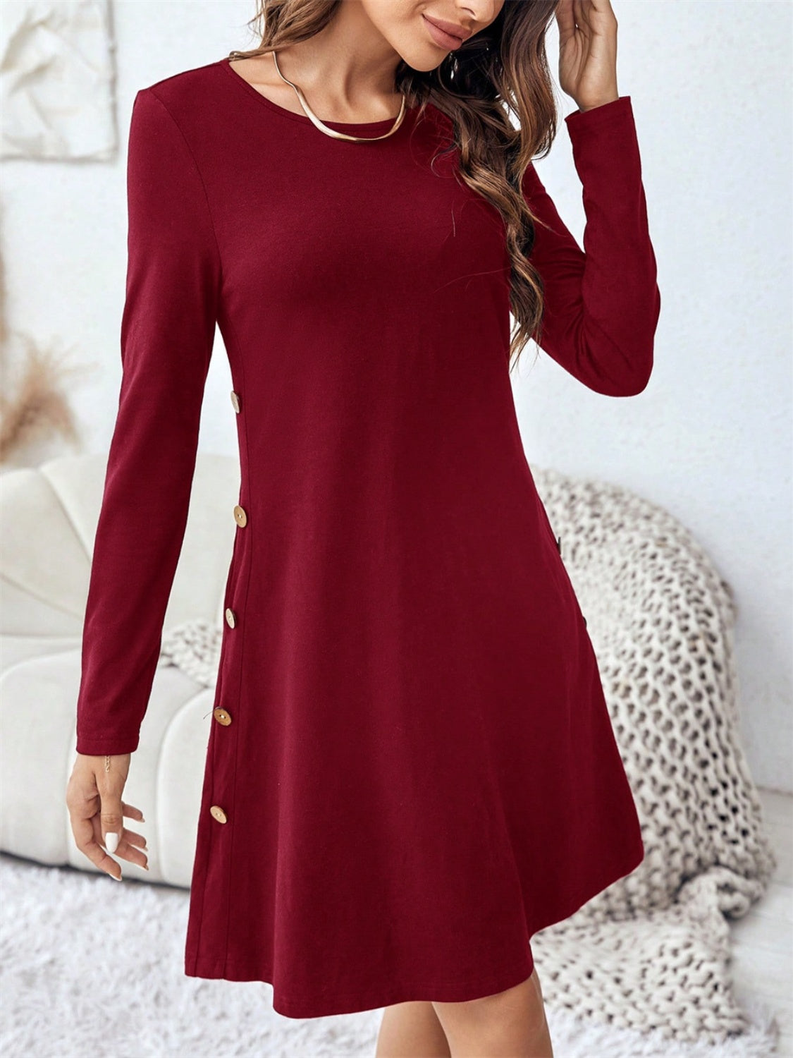 Round Neck Long Sleeve Mini Dress with Pockets - Classique Collection