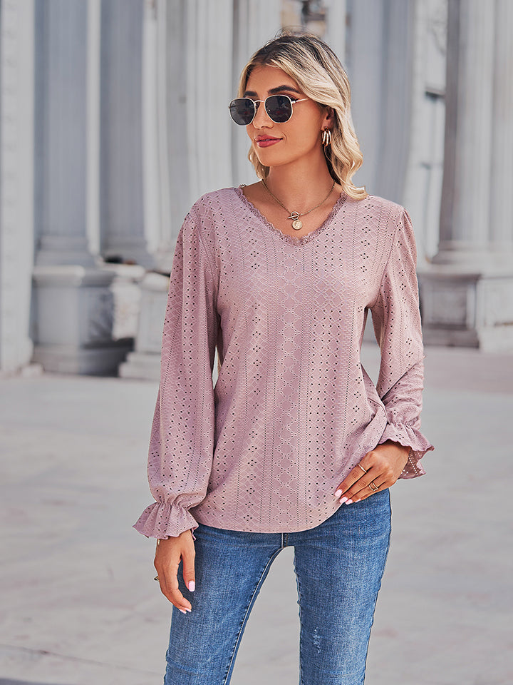 Eyelet V-Neck Flounce Sleeve Blouse - Classique Collection