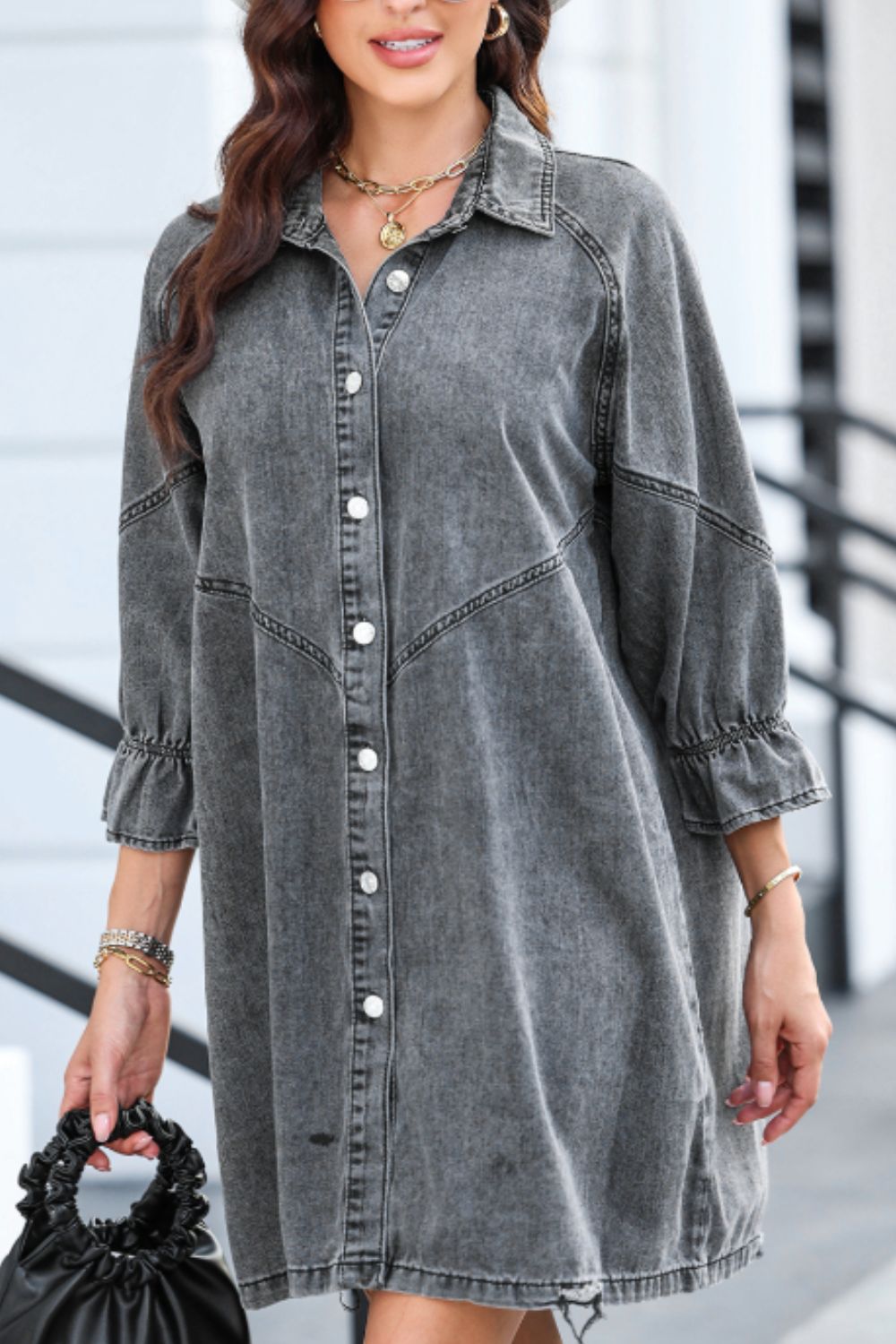 Distressed Collared Neck Flounce Sleeve Denim Dress - Classique Collection