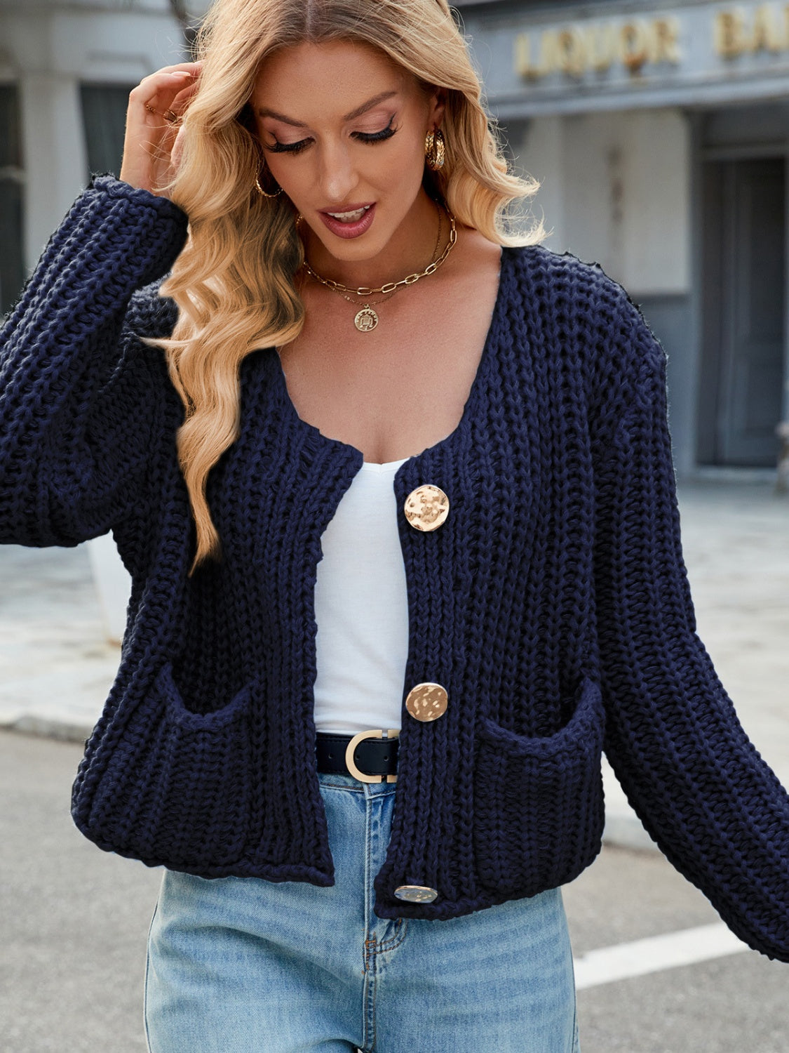 Round Neck Button Up Cardigan with Pockets - ClassiQ