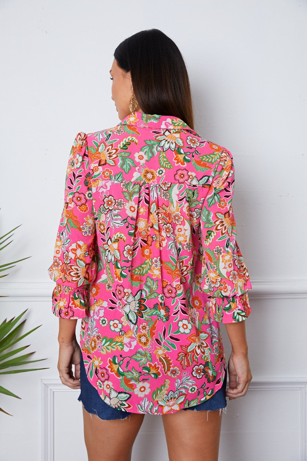 Floral Button Up Flounce Sleeve Shirt - Classique Collection