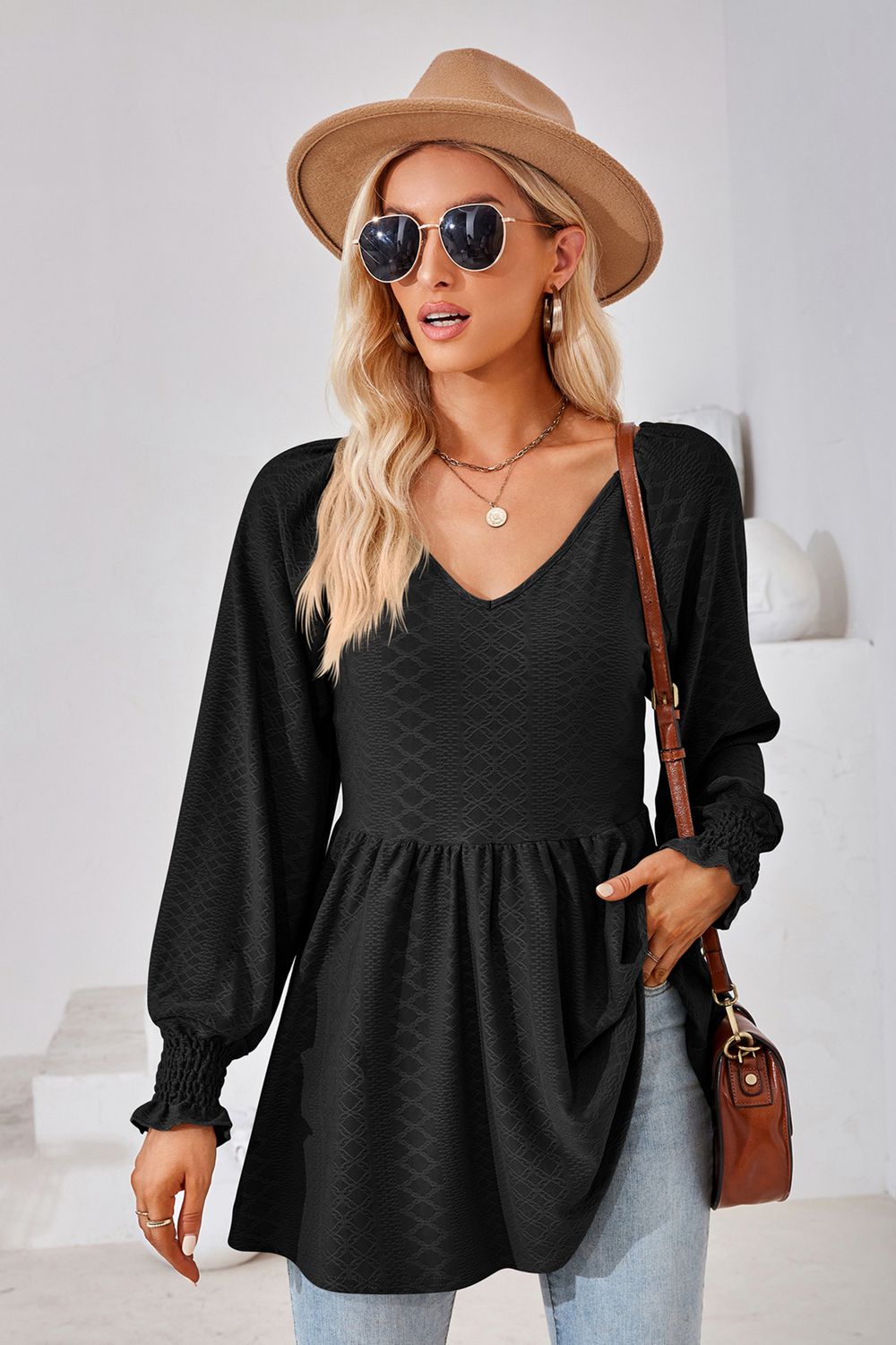 V-Neck Lantern Sleeve Blouse - Classique Collection