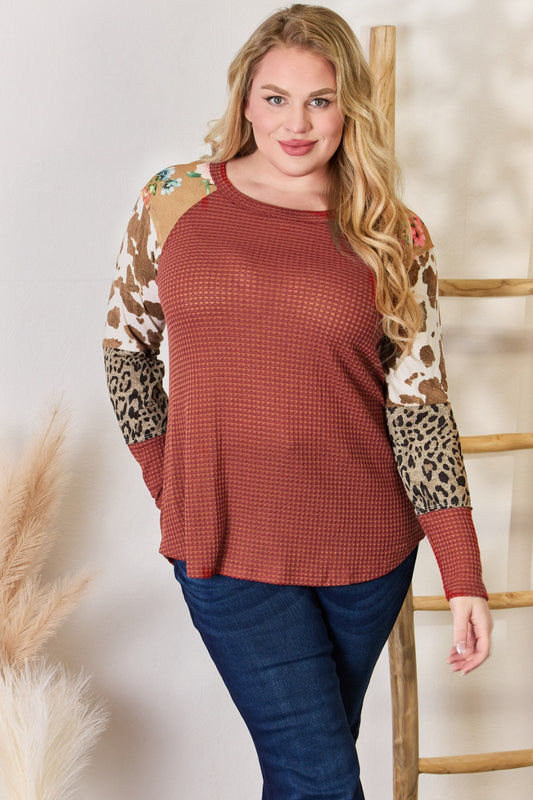 Hailey & Co Full Size Leopard Waffle-Knit Blouse - Classique Collection