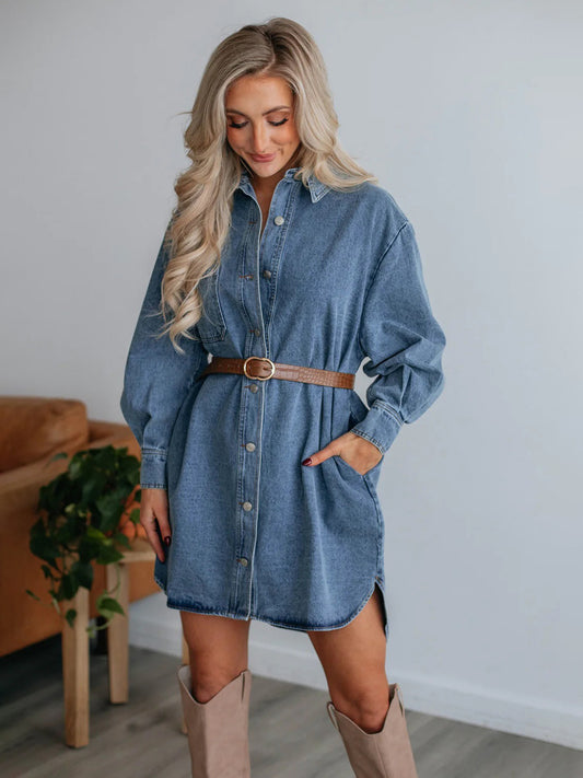 Button Up Collared Neck Long Sleeve Denim Dress - Classique Collection
