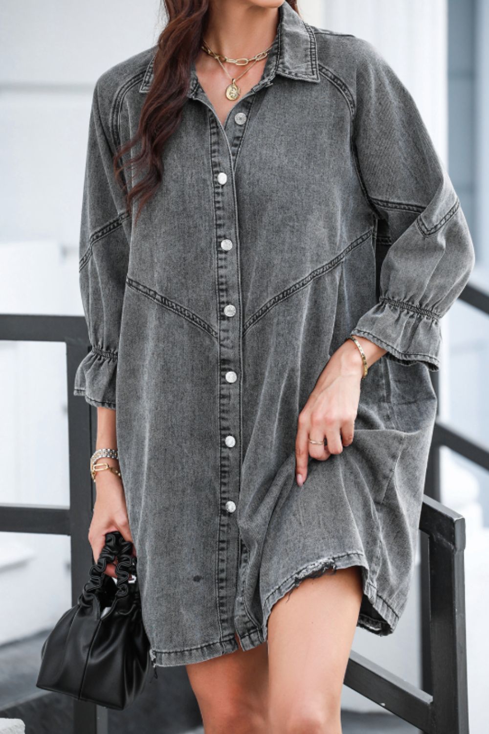 Distressed Collared Neck Flounce Sleeve Denim Dress - Classique Collection