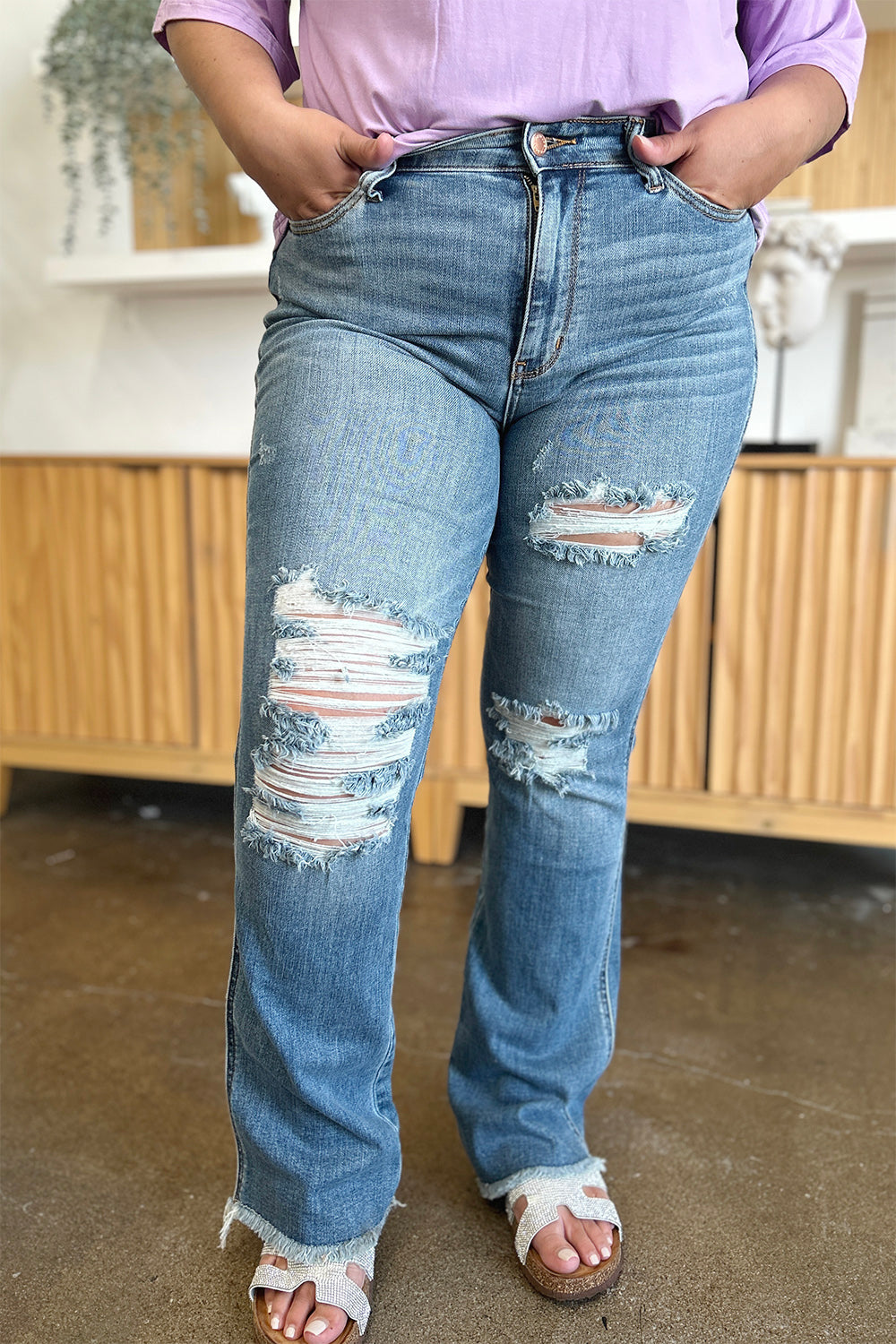 Judy Blue Full Size Distressed Raw Hem Bootcut Jeans - ClassiQ