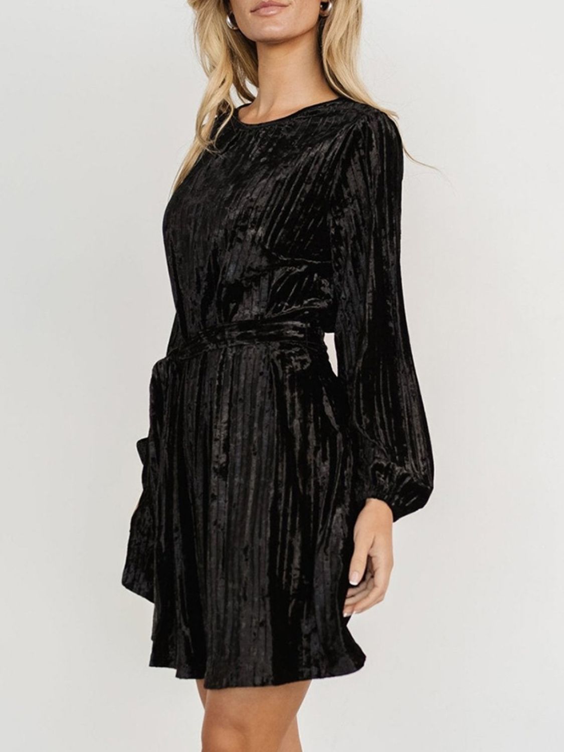 Velvet Round Neck Tie Waist Long Sleeve Mini Dress - Classique Collection