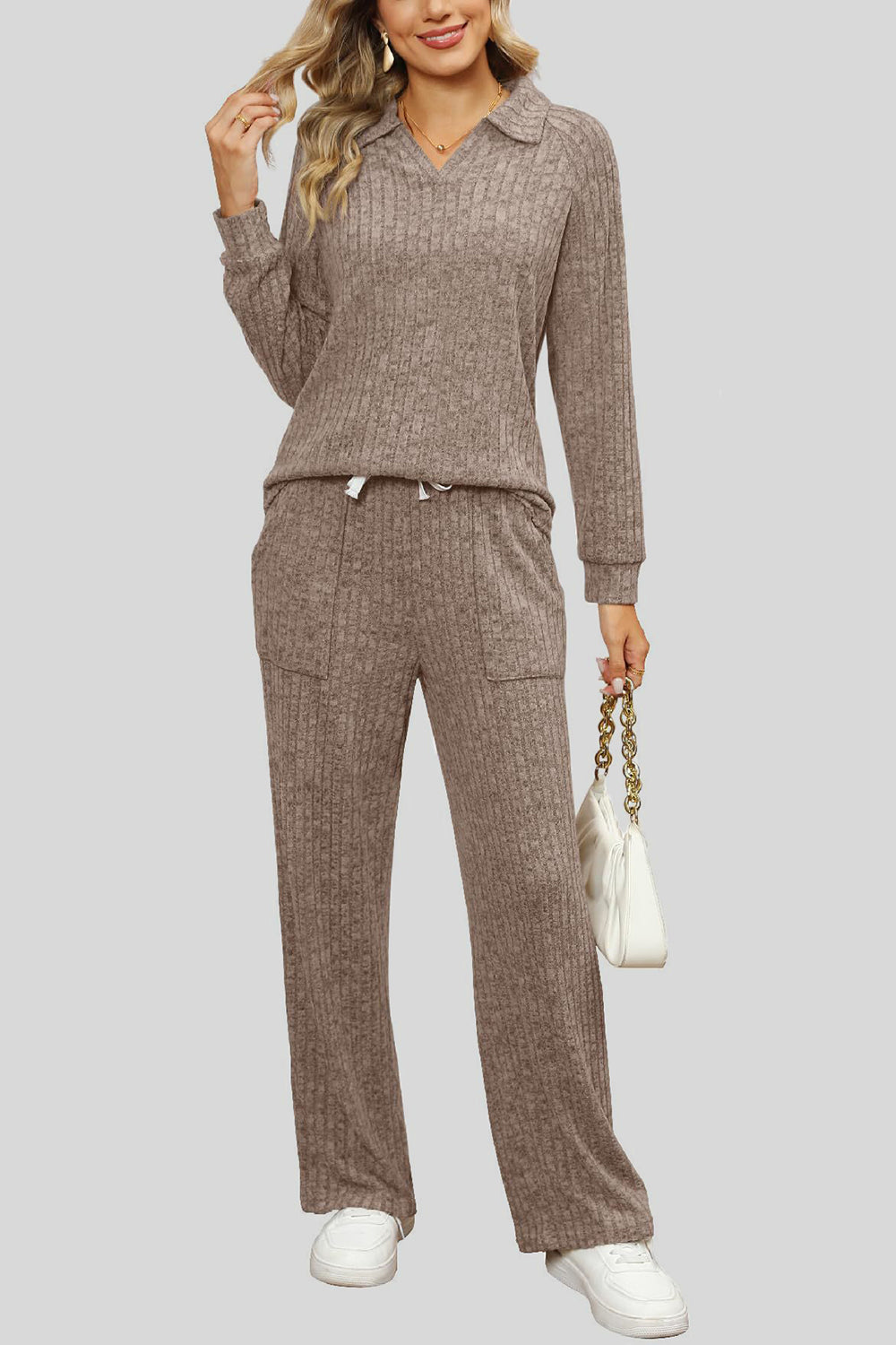 Ribbed Long Sleeve Top and Pocketed Pants Set - ClassiQ