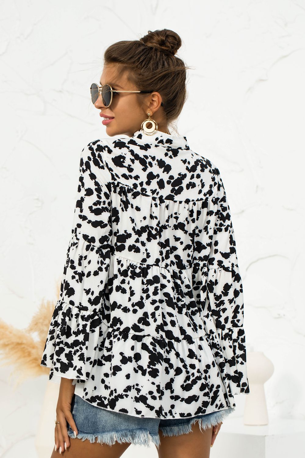 Printed Flare Sleeve Tie Neck Ruffle Trim Blouse - Classique Collection