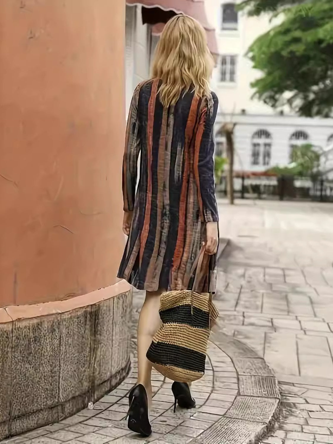 Full Size Contrast Stripes Long Sleeve Mini Dress - Classique Collection