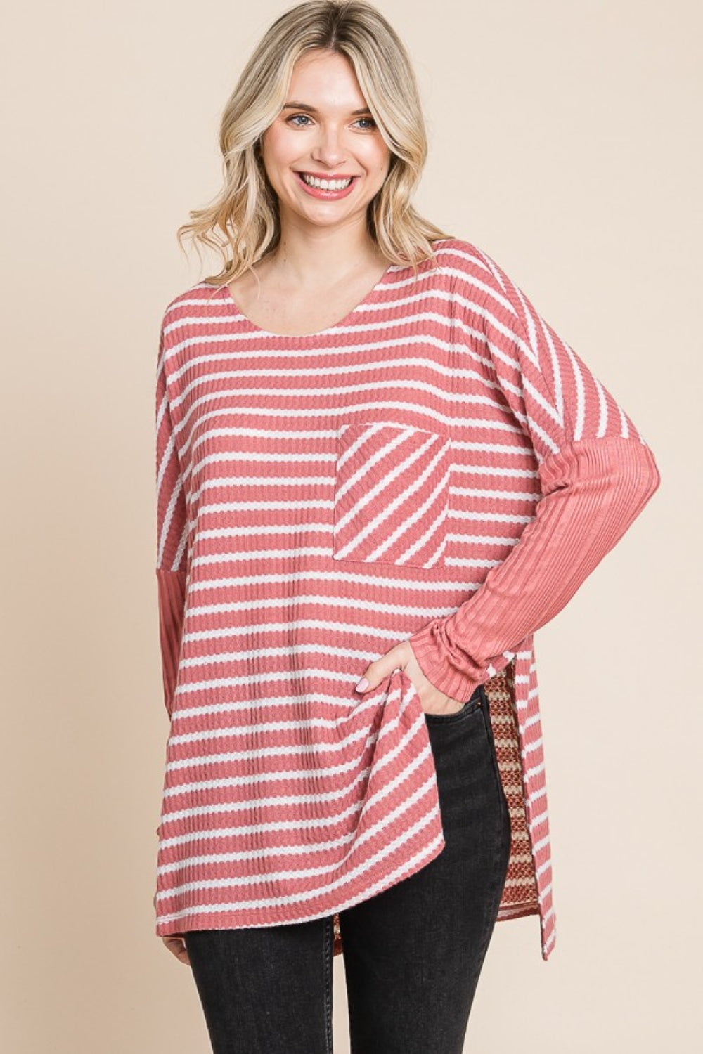 Culture Code Oversize Striped Round Neck Long Sleeve Slit T-Shirt - Classique Collection