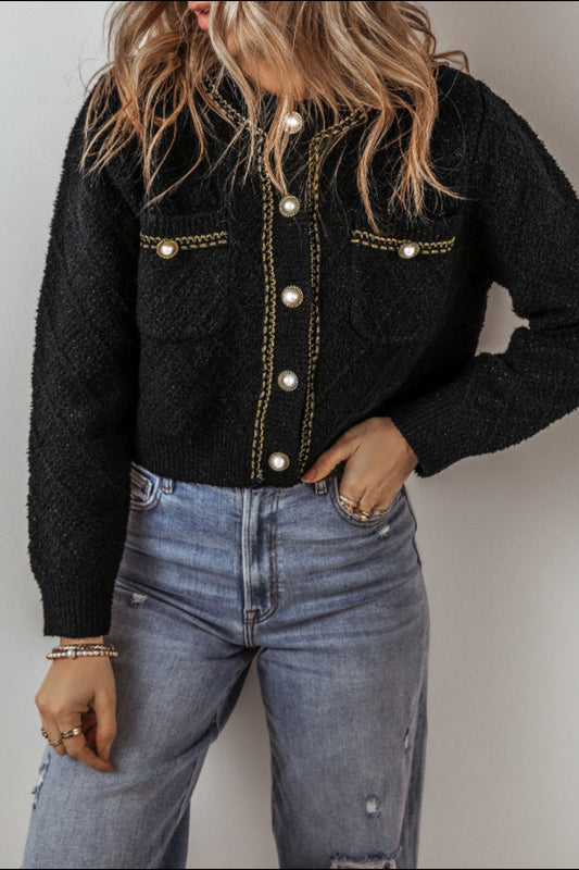 Round Neck Button Up Long Sleeve Cardigan - ClassiQ