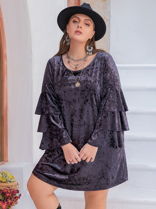 Plus Size Round Neck Flounce Sleeve Mini Dress - Classique Collection