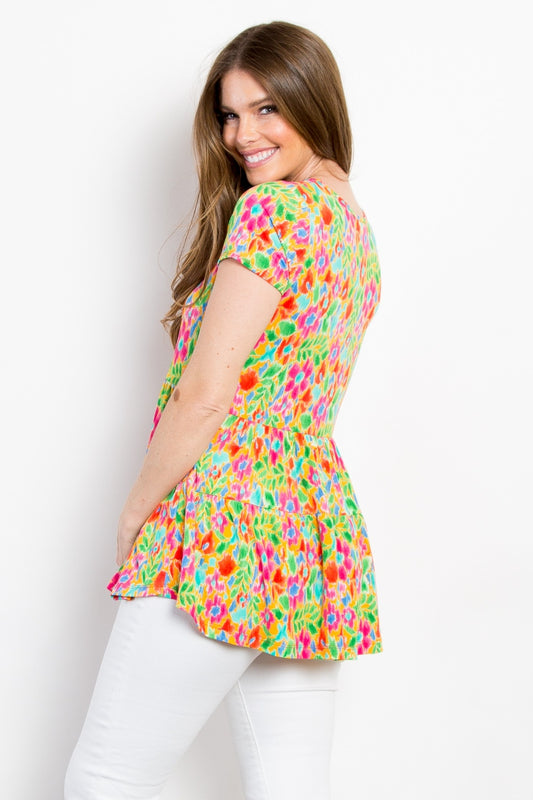 Be Stage Floral Short Sleeve Babydoll Top - Classique Collection