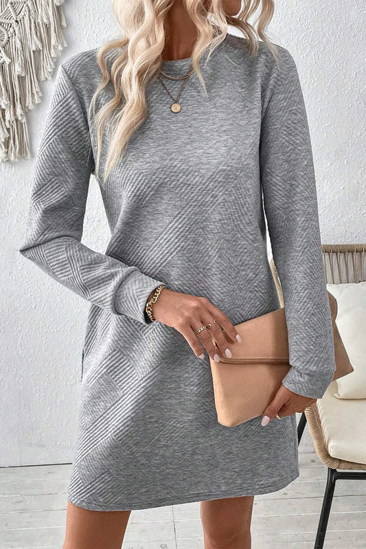 Textured Round Neck Long Sleeve Mini Dress - Classique Collection