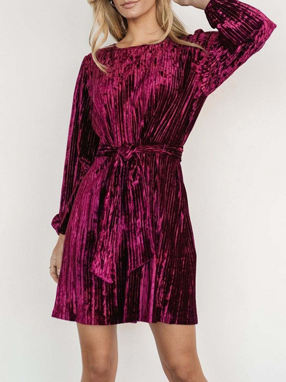 Velvet Round Neck Tie Waist Long Sleeve Mini Dress - Classique Collection