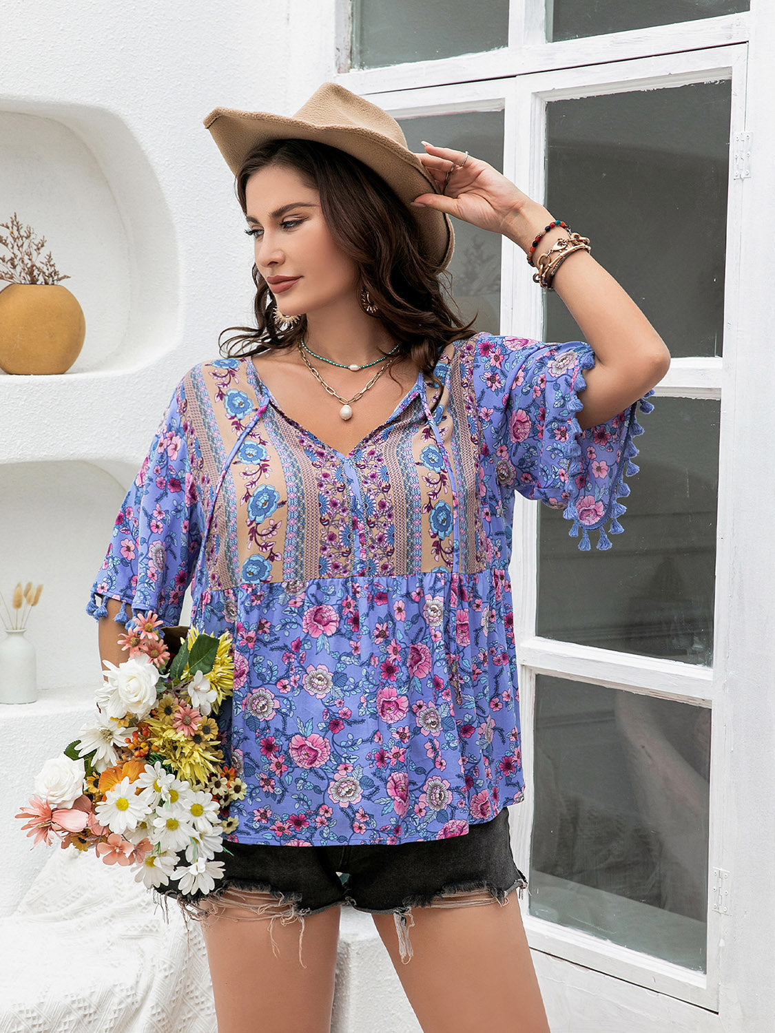 Plus Size Printed V-Neck Half Sleeve Blouse - Classique Collection