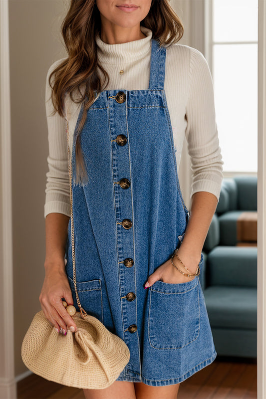 Square Neck Wide Strap Denim Overall Dress - Classique Collection