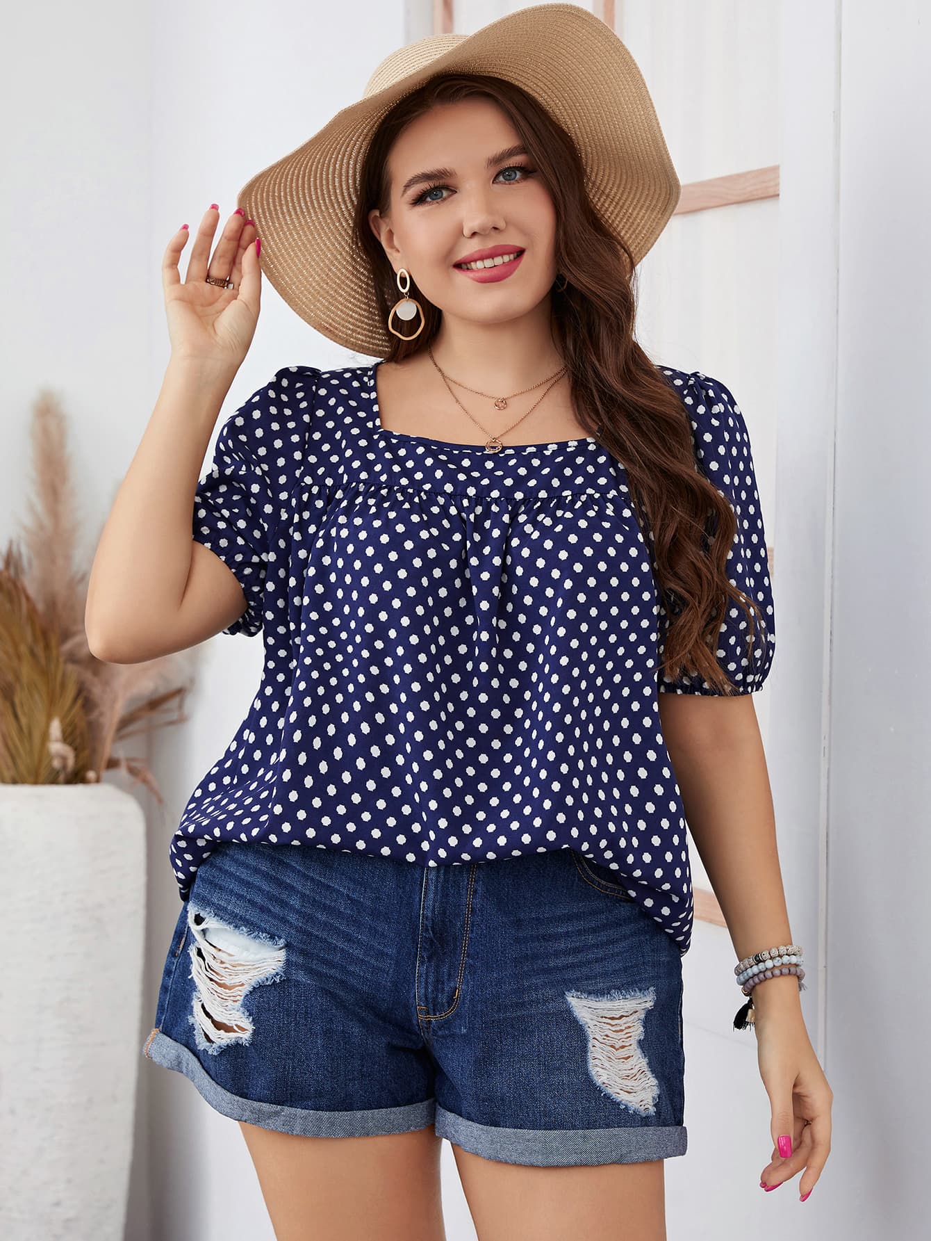 Honey Plus Size Polka Dot Square Neck Blouse - Classique Collection