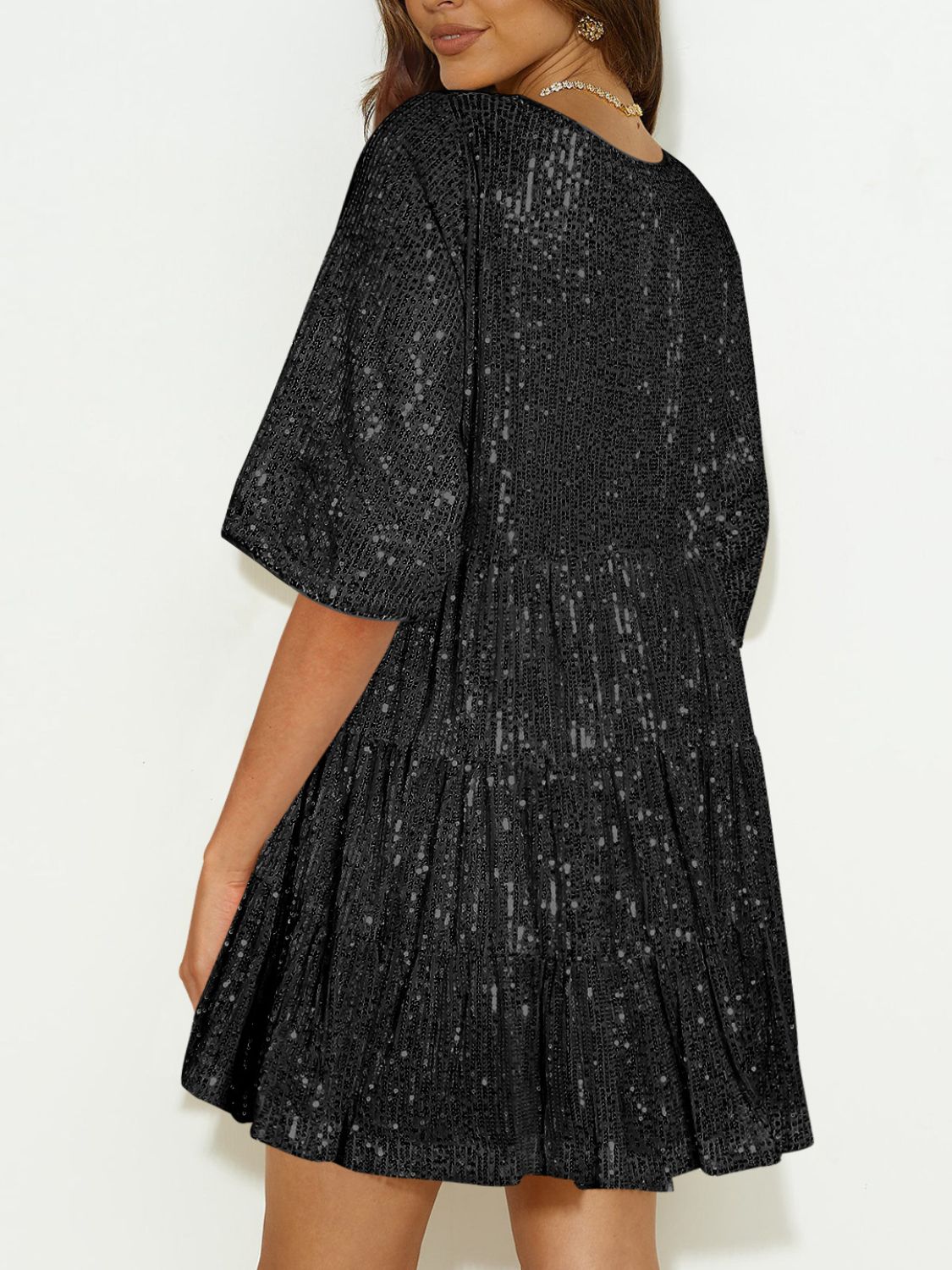 Sequin Round Neck Half Sleeve Mini Dress - Classique Collection