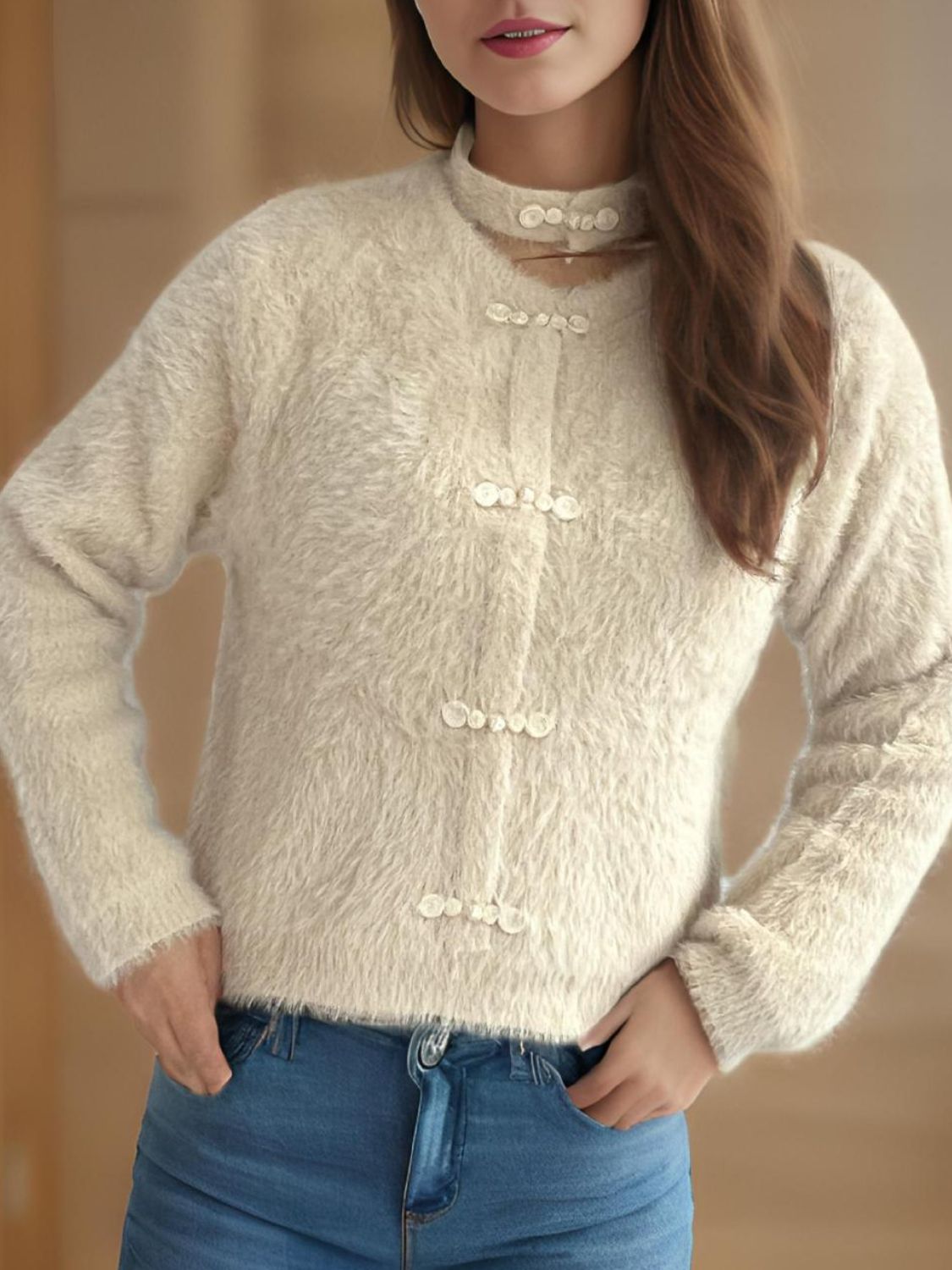 Cutout Knot Button Long Sleeve Cardigan - ClassiQ