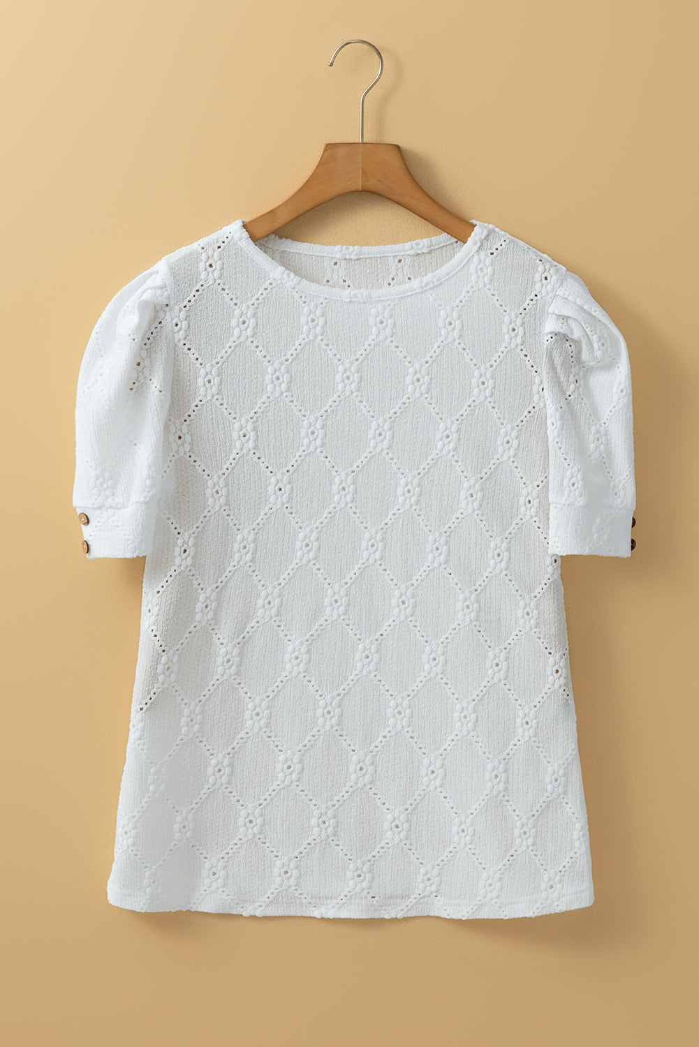 White Flower Geometric Textured Button Short Sleeve Top ClassiQ