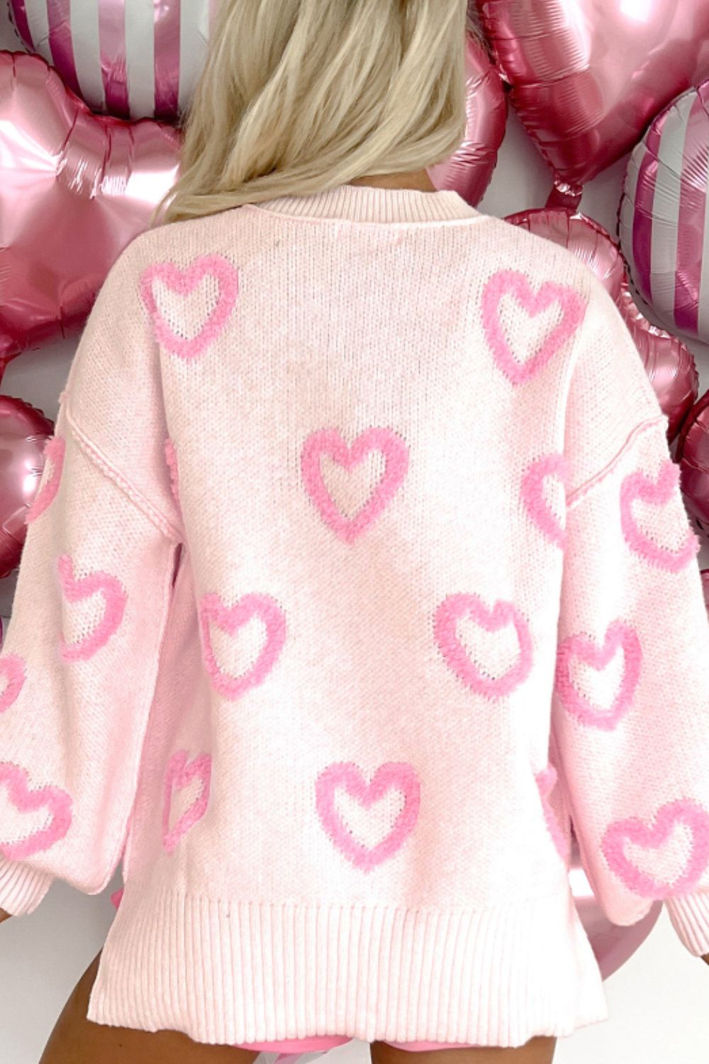 High-Low Heart Round Neck Long Sleeve Sweater - ClassiQ