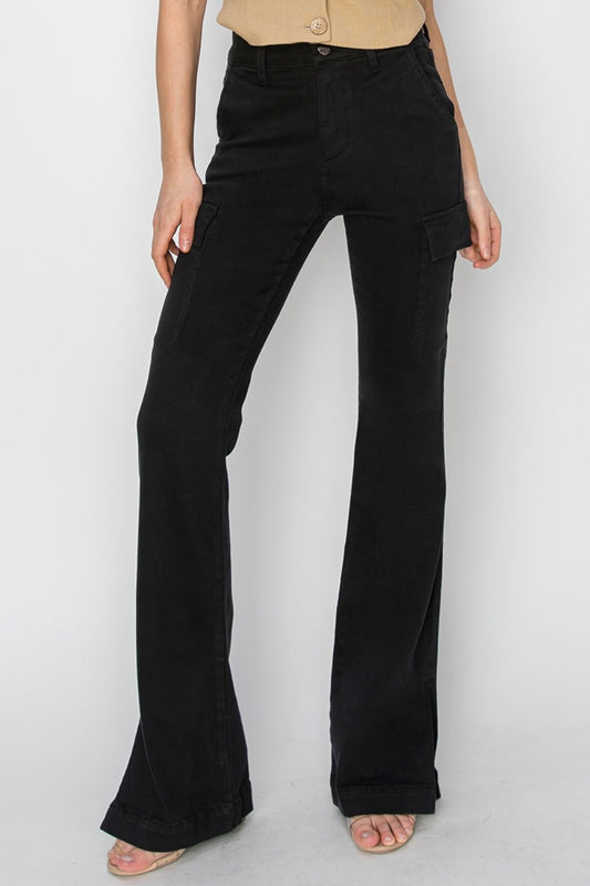 RISEN Full Size High Rise Side Slit Cargo Bootcut Jeans - Classique Collection