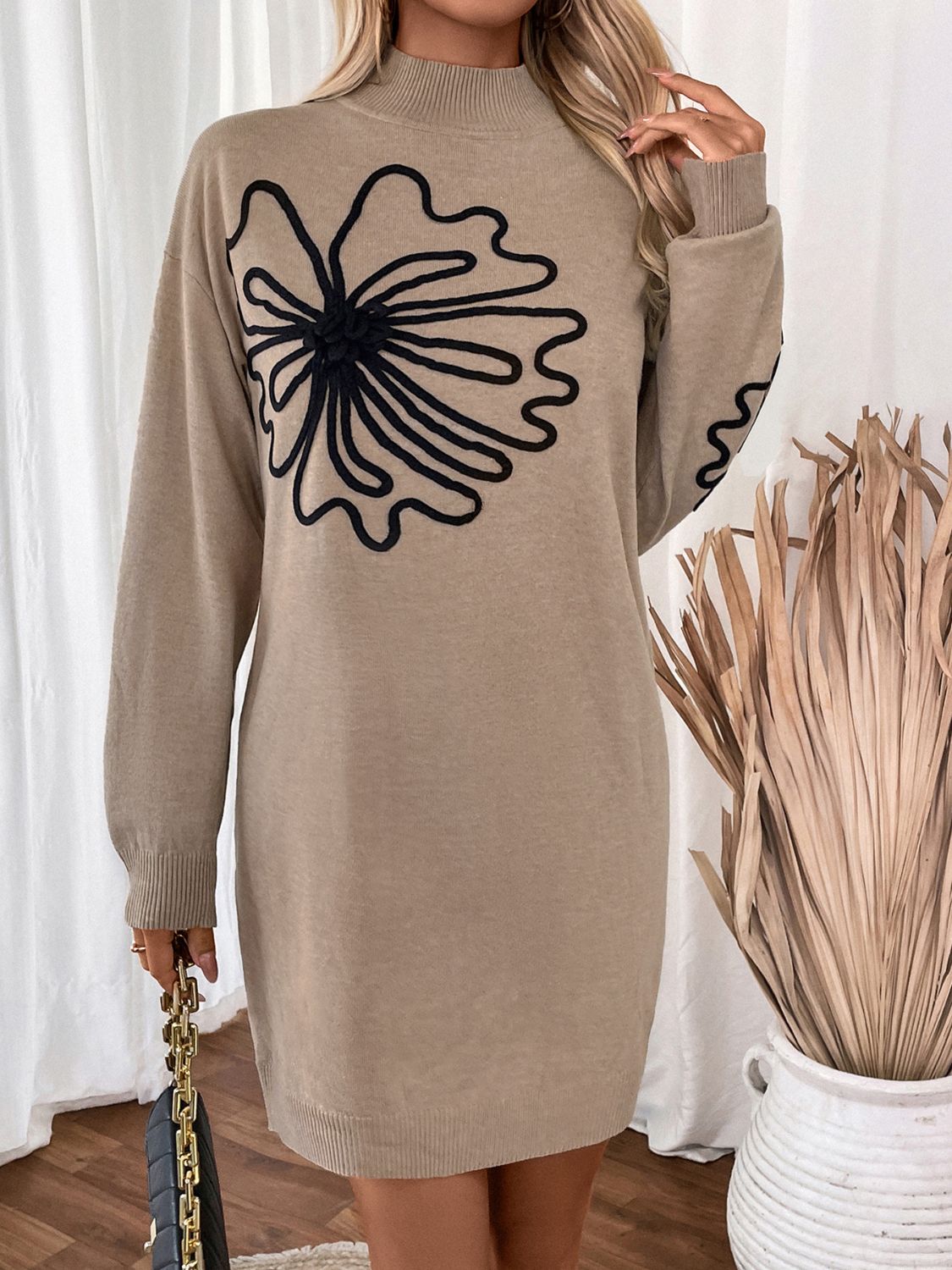 Perfee Flower Mock Neck Long Sleeve Sweater Dress - Classique Collection