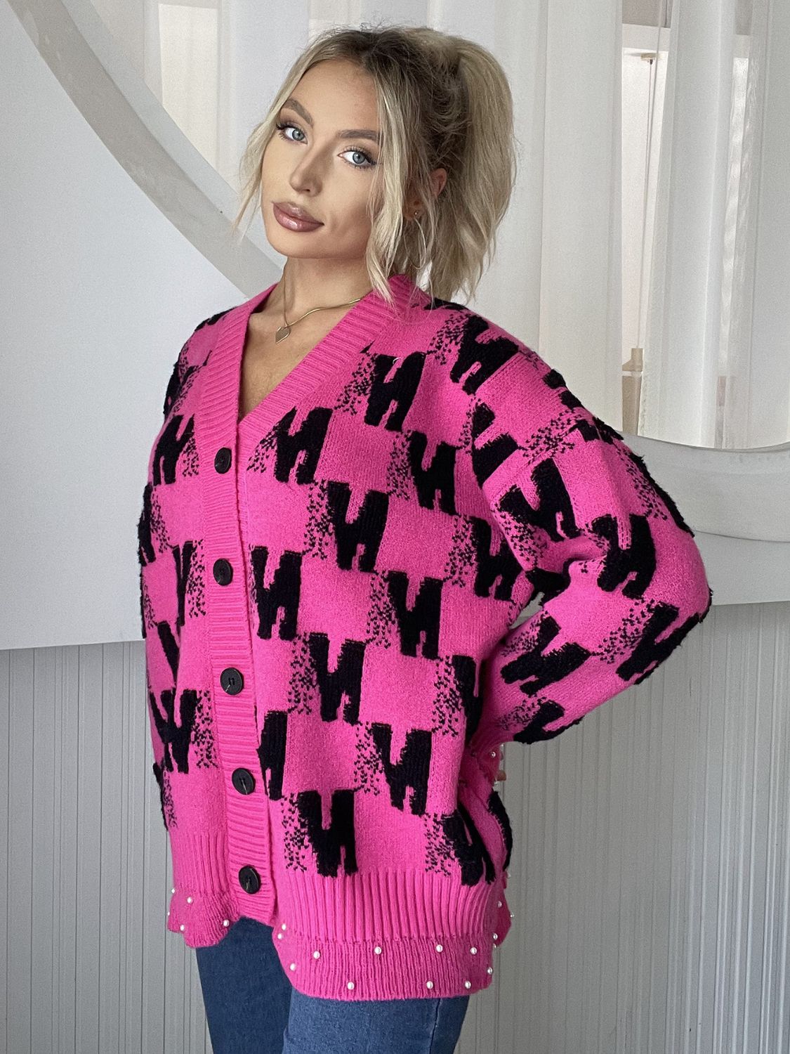 Pearl Trim V-Neck Button Up Cardigan - ClassiQ