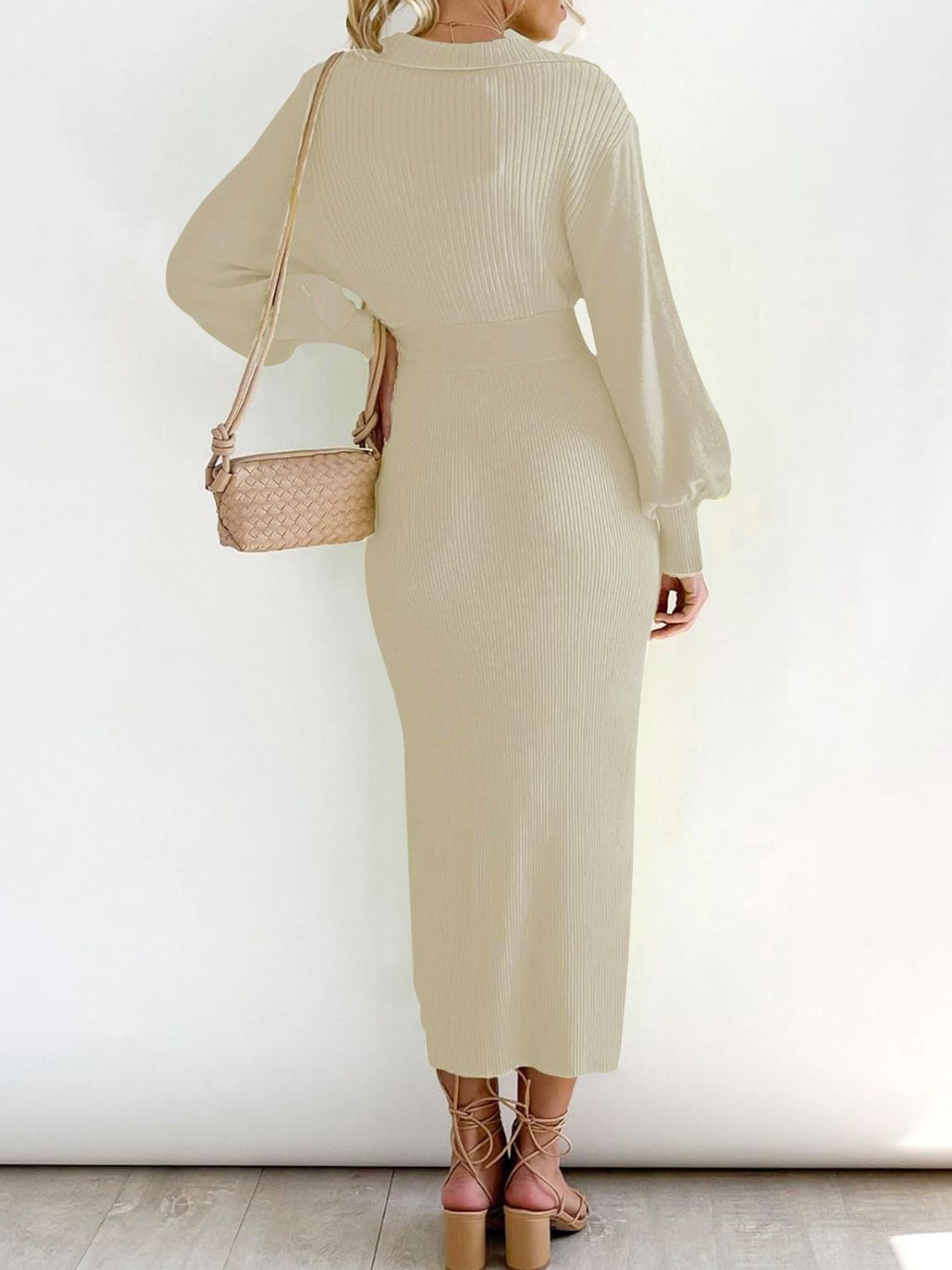 Perfee Tied Long Sleeve Wrap Sweater Dress - Classique Collection