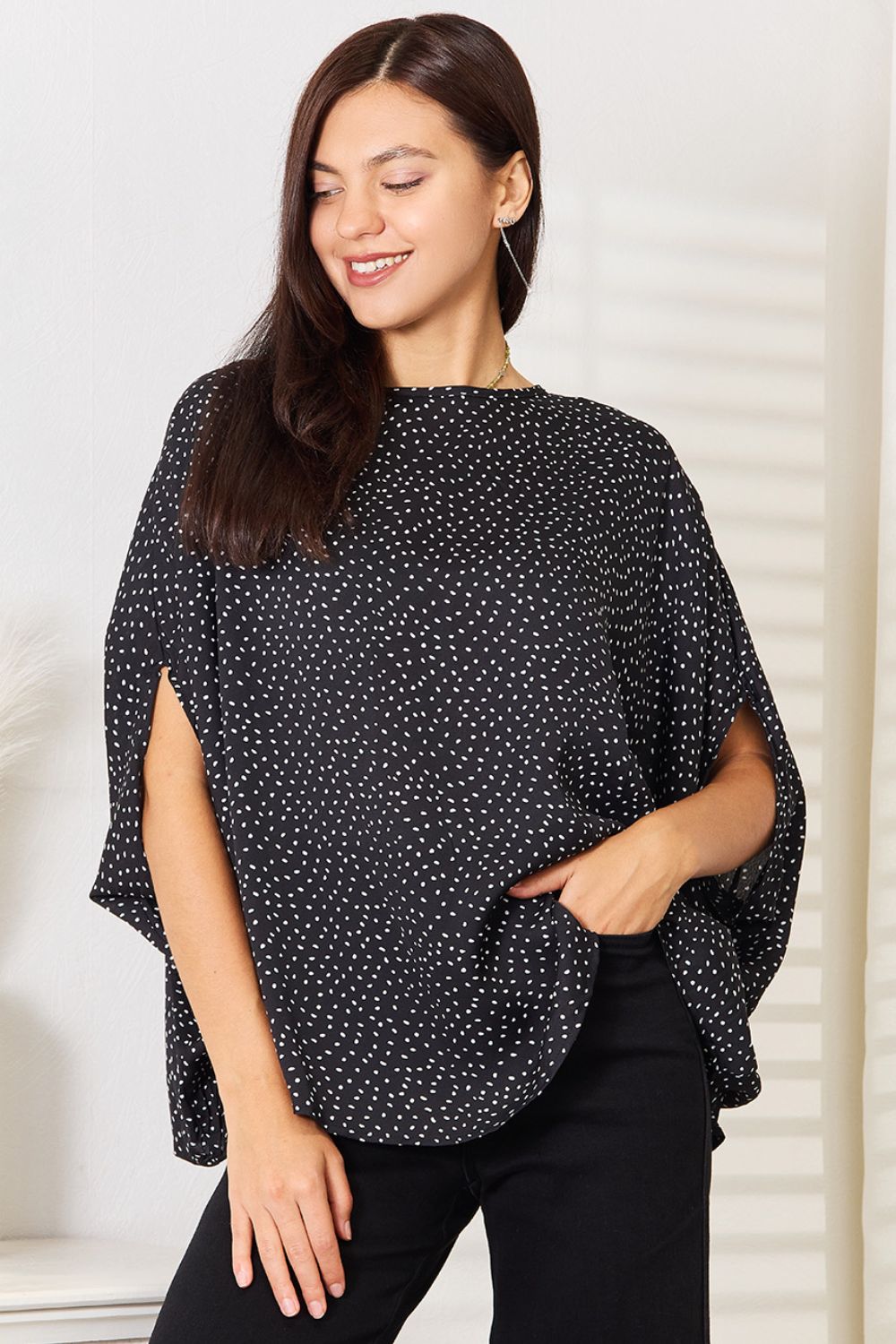 Perfee Printed Dolman Sleeve Round Neck Blouse - Classique Collection
