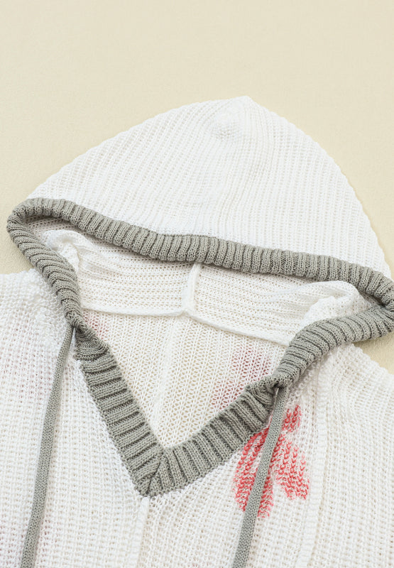 Drawstring Flower Hooded Knit Top - ClassiQ